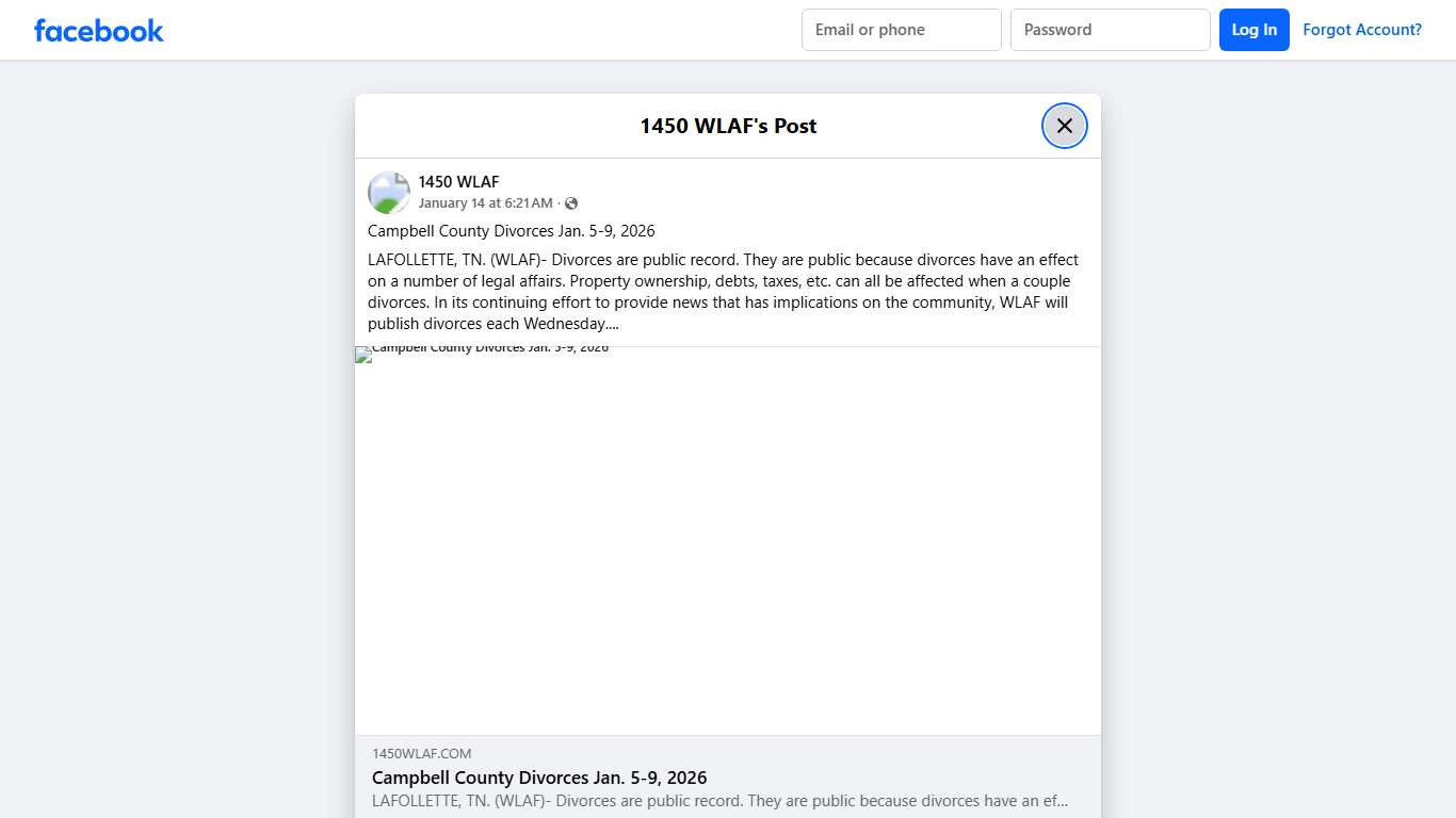 1450 WLAF - Campbell County Divorces Jan. 5-9, 2026... Facebook